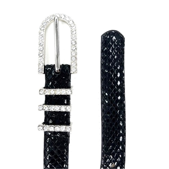 Cache Black Belt Snakeskin Pattern Silver Hardware Rhinestones Accents Sz Small - Picture 2 of 6